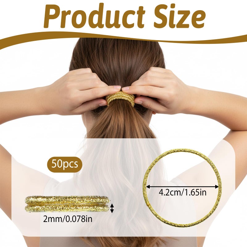 Styquenzer ٥٠ ربطة شعر ذهبية، أربطة مطاطية ذهبية للشعر، ربطات مرنة بدون معدن، إكسسوارات ذيل حصان، سمك 2 مم (0.08 بوصة)، قطر 4.2 سم (1.65 بوصة)، مناسبة للشعر الناعم إلى المتوسط. - Image 3